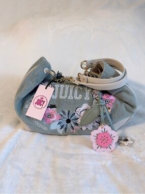 Juicy Couture light Blue Floral Embroidered Shoulder Bag with Pink Charm